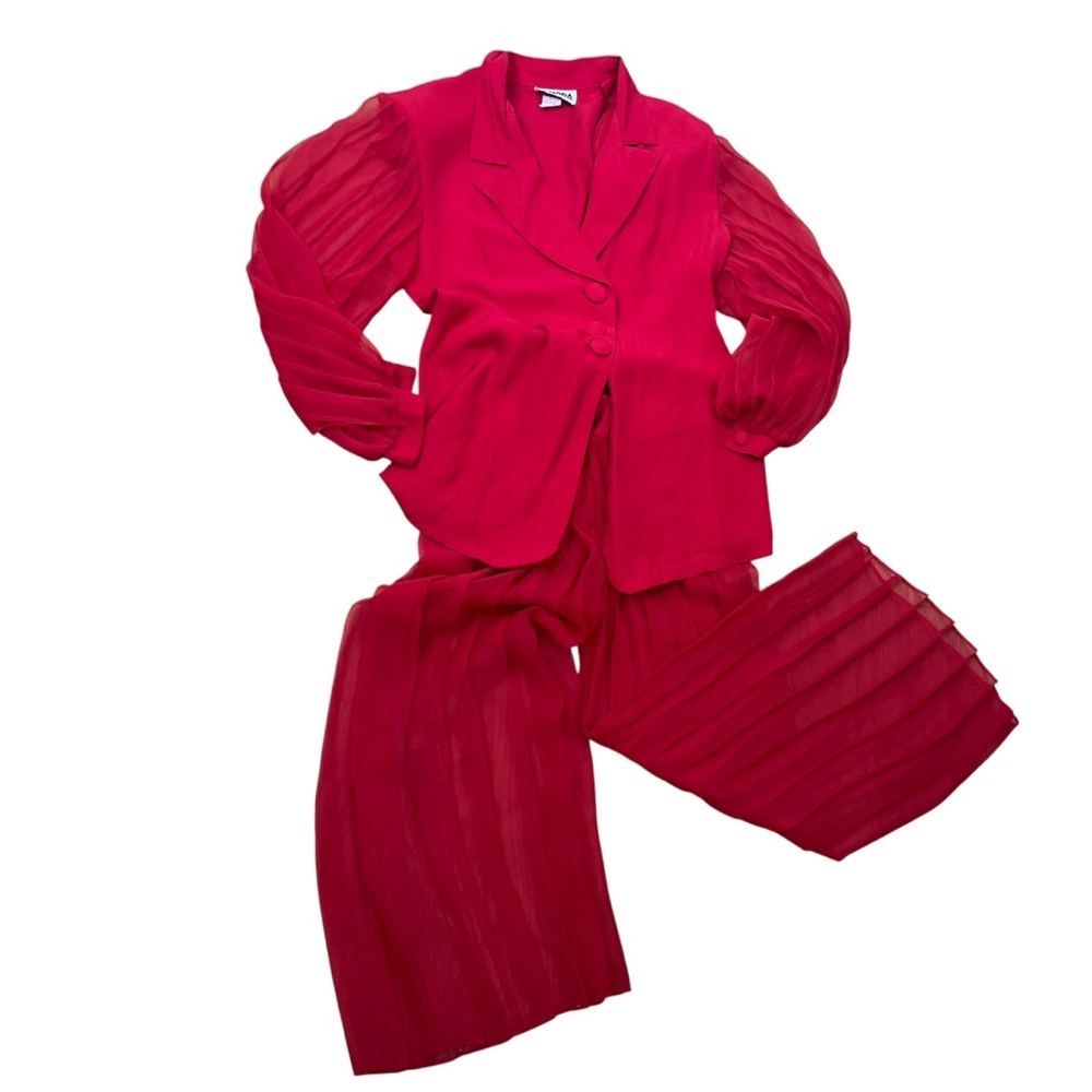 VTG In Moda Sheer Pant Suit Red 80s 90s Accordion Lydia Bold Maximalism Power